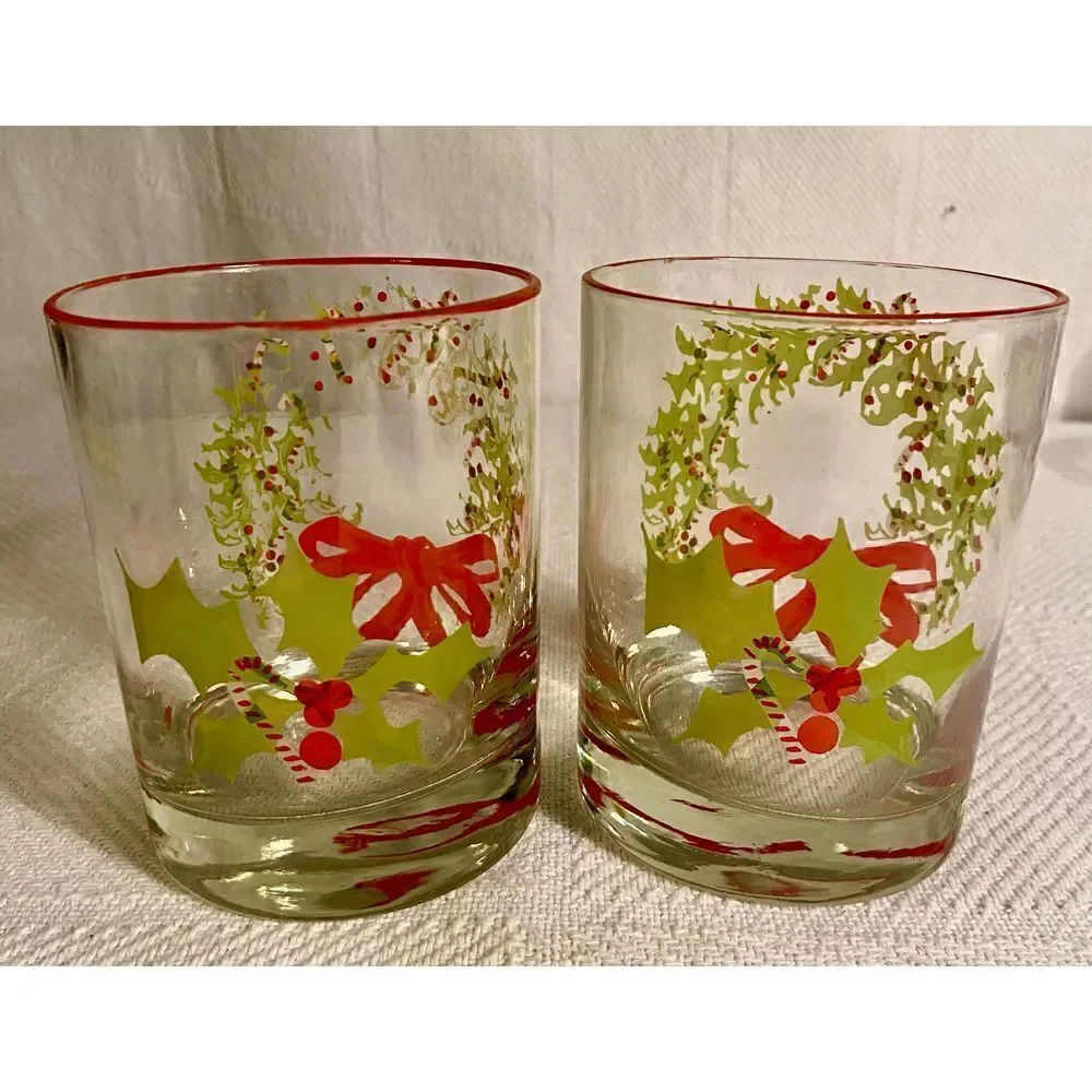2 Vintage CHRISTMAS HOLLY Wreath Glasses - Cocktail Glassware~Used On TV Show